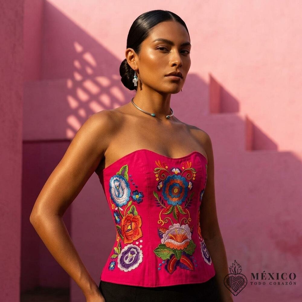 Mexican Embroidered Cotton Manta Corset Top  Handmade Floral Artisan Blouse S M